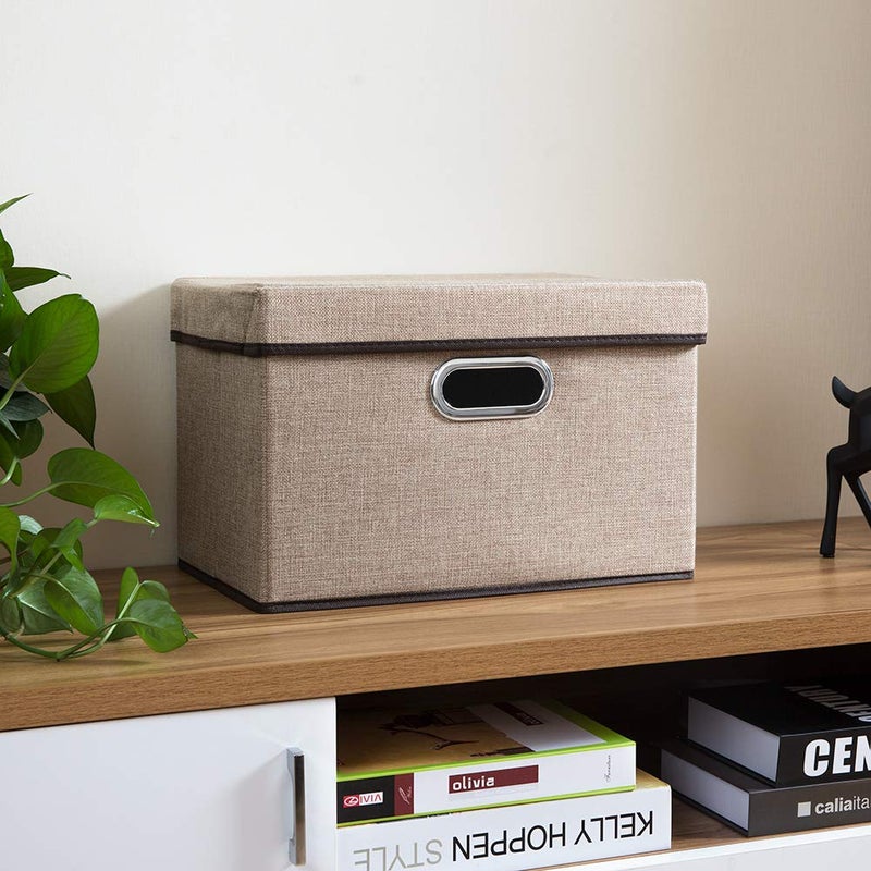 PRANDOM Collapsible Storage Cubes with Lids [3-Pack] Jute Fabric Foldable Storage Boxes Organizer Containers Baskets Bins with Cover for Home Bedroom Closet Office Nursery (14.9x9.8x9.8) - Image 4